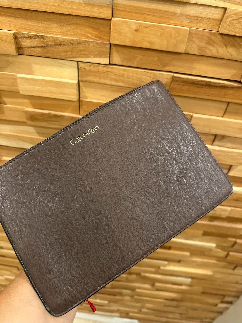 Calvin Klein Dark Brown Leather Toiletry Pouch with Gold Logo